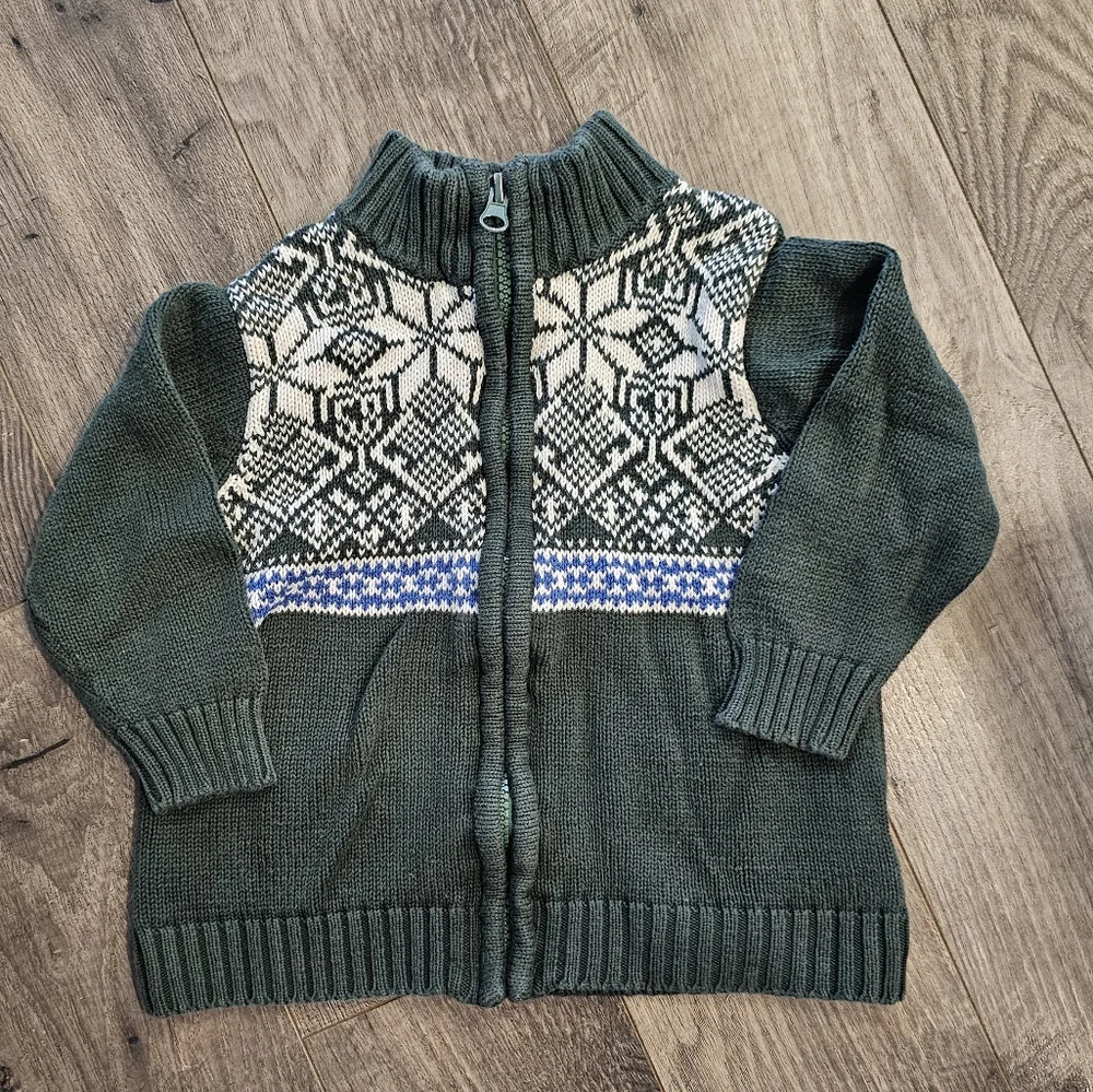 24M Nordic Pattern Green‎ White Blue Zip-Up Sweater Easter Grandpa Fisherman